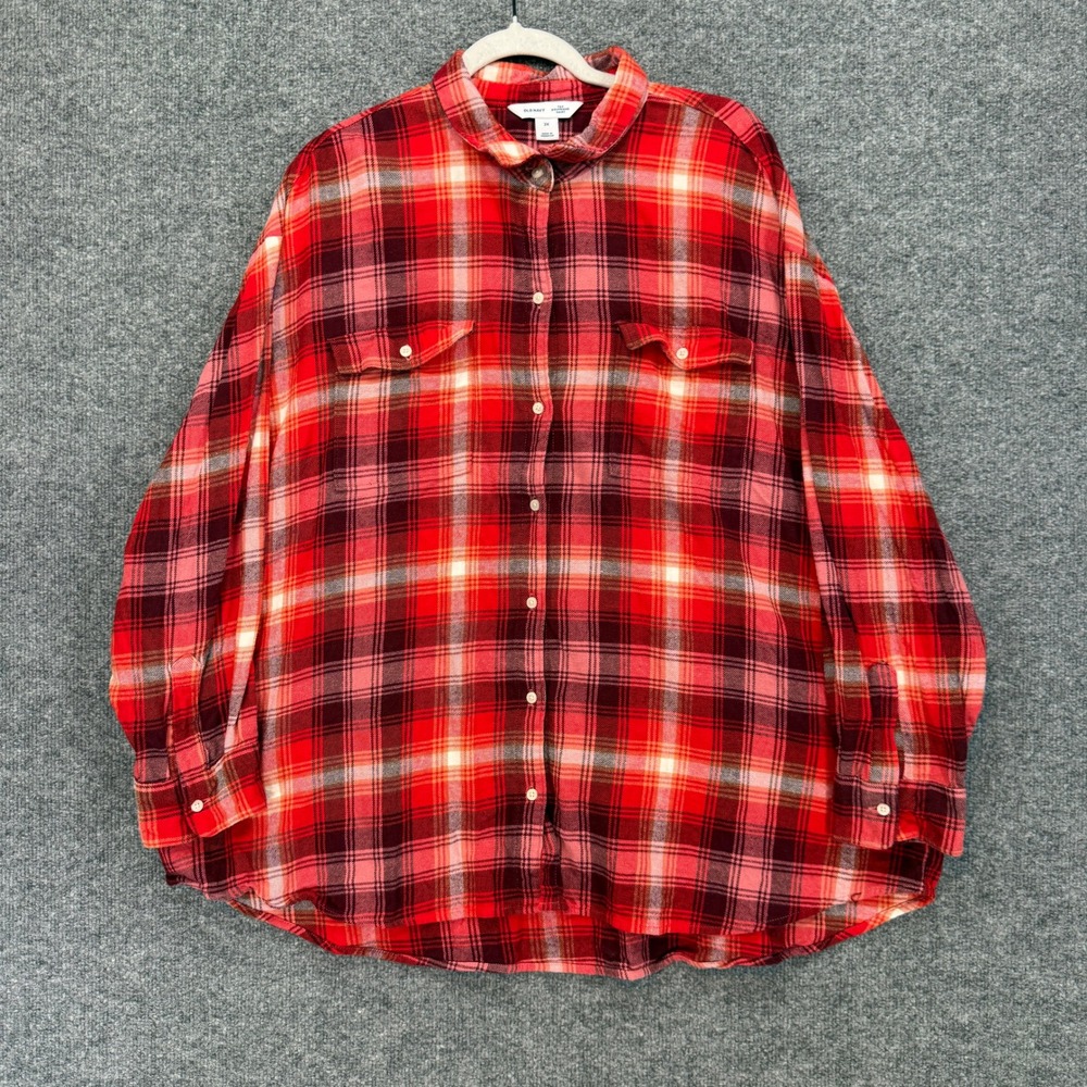 Old Navy Boyfriend Shirt‎ Womens 2X Red Plaid Flannel Button Down Plus Size